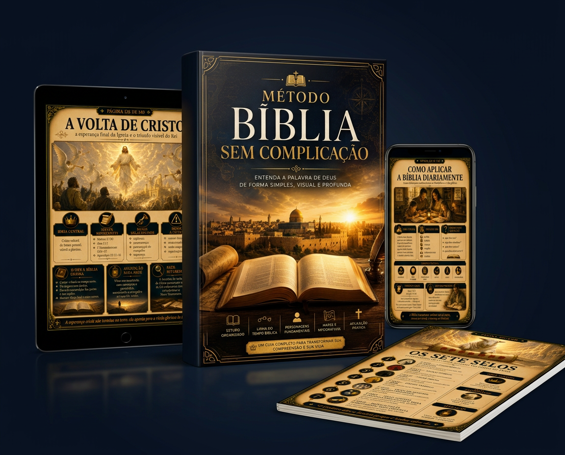 Guia visual da Biblia aberto em celular, tablet e material impresso